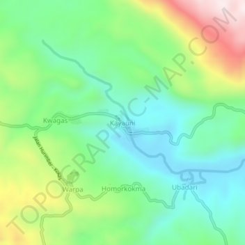 Mapa topográfico Kayauni, altitud, relieve
