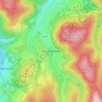 Mapa topográfico Bruchhausen, altitud, relieve