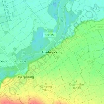 Mapa topográfico Niederpöring, altitud, relieve