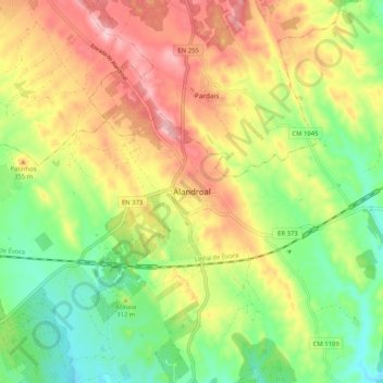 Mapa topográfico Alandroal, altitud, relieve