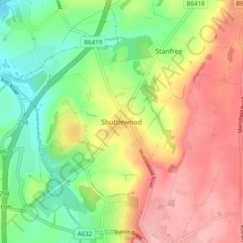 Mapa topográfico Shuttlewood, altitud, relieve