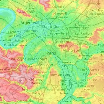 Mapa topográfico Parijs, altitud, relieve