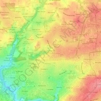 Mapa topográfico Traon-Stivel, altitud, relieve