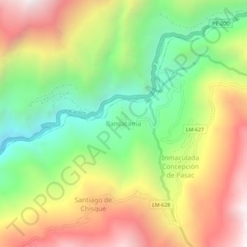 Mapa topográfico Rancatama, altitud, relieve