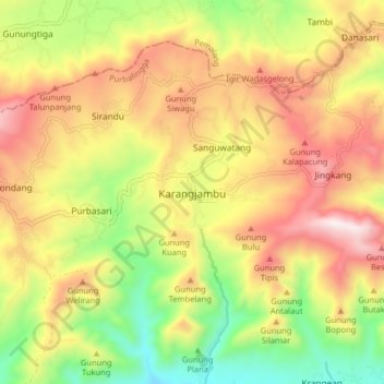 Mapa topográfico Karangjambu, altitud, relieve