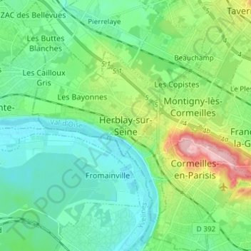 Mapa topográfico Herblay-sur-Seine, altitud, relieve