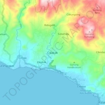 Mapa topográfico Cikakak, altitud, relieve