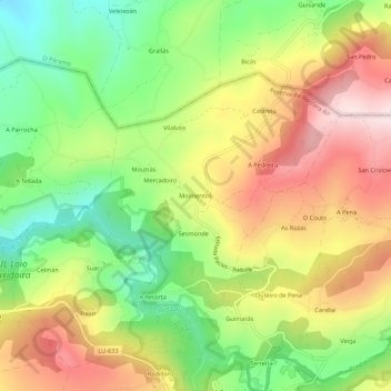 Mapa topográfico Moimentos, altitud, relieve