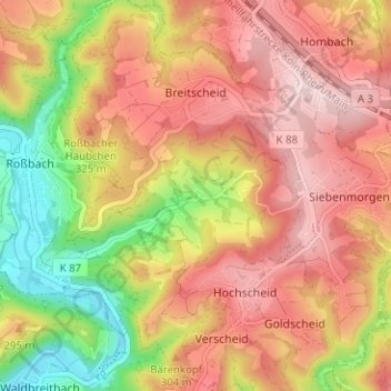 Mapa topográfico Elsbach, altitud, relieve