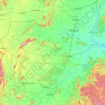 Mapa topográfico Balangir, altitud, relieve