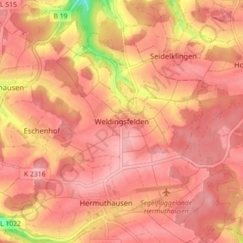 Mapa topográfico Weldingsfelden, altitud, relieve