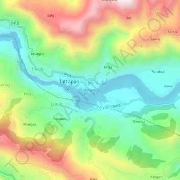 Mapa topográfico Rihana, altitud, relieve