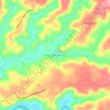 Mapa topográfico Nelliyadukkam, altitud, relieve