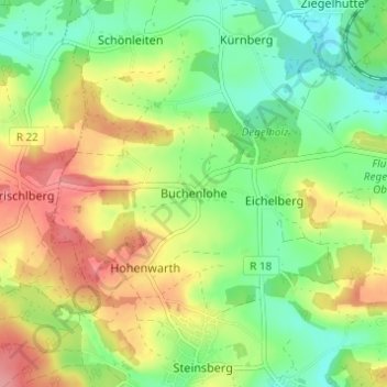 Mapa topográfico Buchenlohe, altitud, relieve