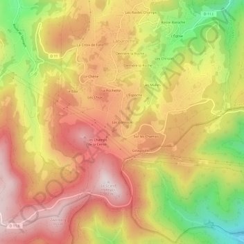 Mapa topográfico Les Coreaux, altitud, relieve