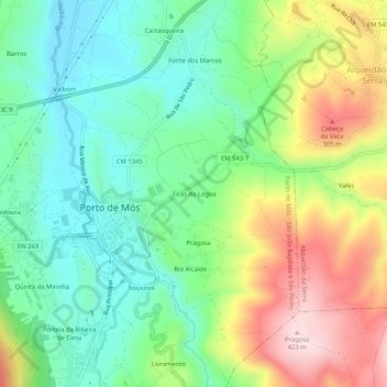 Mapa topográfico Eiras da Lagoa, altitud, relieve