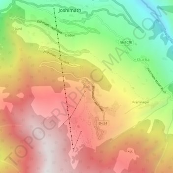 Mapa topográfico Auli, altitud, relieve