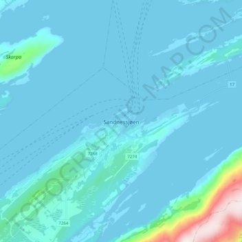 Mapa topográfico Sandnessjøen, altitud, relieve