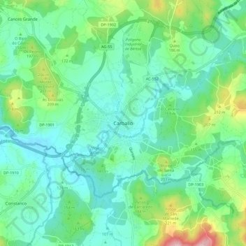 Mapa topográfico Carballo, altitud, relieve