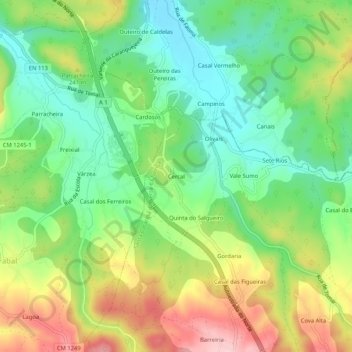 Mapa topográfico Cercal, altitud, relieve