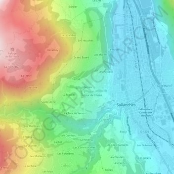 Mapa topográfico Mernex, altitud, relieve