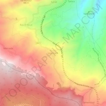 Mapa topográfico Ras El Bour, altitud, relieve