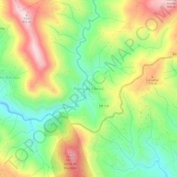 Mapa topográfico Póvoa da Ribeira, altitud, relieve