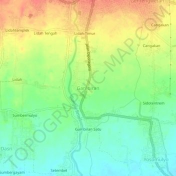 Mapa topográfico Gambiran, altitud, relieve