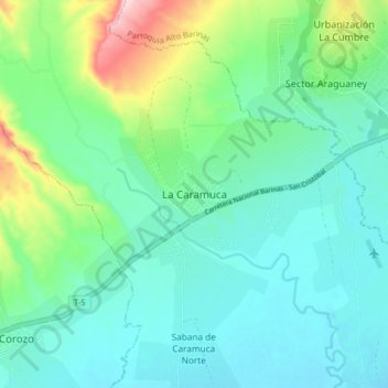 Mapa topográfico La Caramuca, altitud, relieve