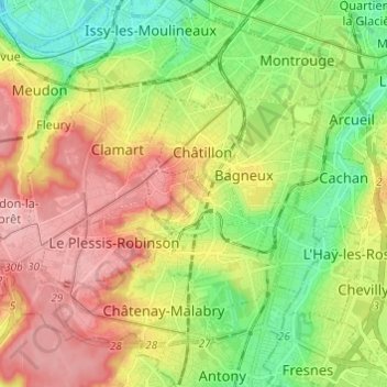 Mapa topográfico Fontenay-aux-Roses, altitud, relieve