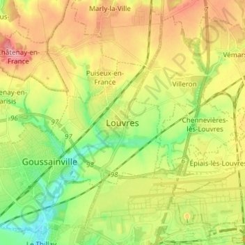 Mapa topográfico Louvres, altitud, relieve