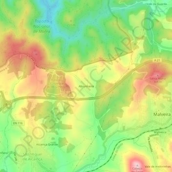 Mapa topográfico Abrunheira, altitud, relieve