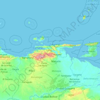 Mapa topográfico Sucre, altitud, relieve