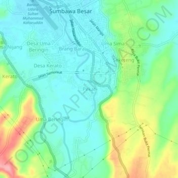 Mapa topográfico Pekat, altitud, relieve