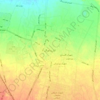 Mapa topográfico Aran va Bidgol, altitud, relieve