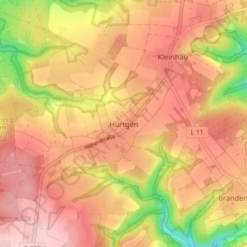 Mapa topográfico Hürtgen, altitud, relieve