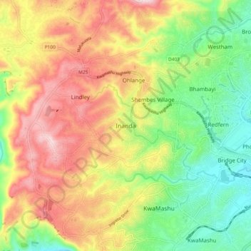 Mapa topográfico Inanda, altitud, relieve