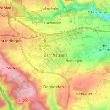 Mapa topográfico Bernhausen, altitud, relieve