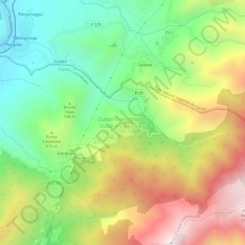 Mapa topográfico Cuttoli-Corticchiato, altitud, relieve