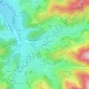 Mapa topográfico Velupaire, altitud, relieve
