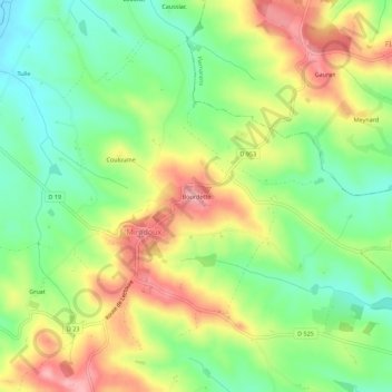 Mapa topográfico Bourdette, altitud, relieve