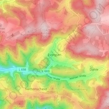 Mapa topográfico Evingsen, altitud, relieve