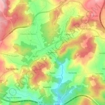 Mapa topográfico Mosteirinho, altitud, relieve