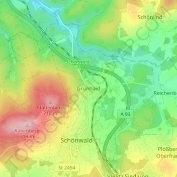 Mapa topográfico Grünhaid, altitud, relieve