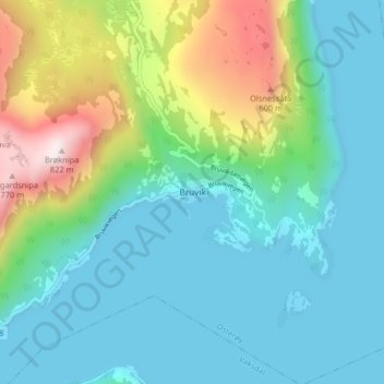 Mapa topográfico Bruvik, altitud, relieve