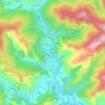 Mapa topográfico Les Solièges, altitud, relieve