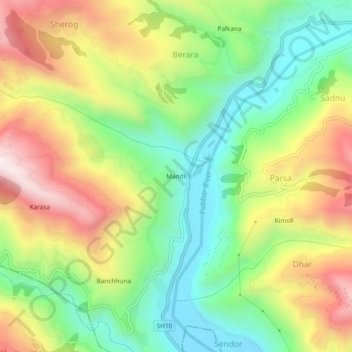 Mapa topográfico Mandli, altitud, relieve