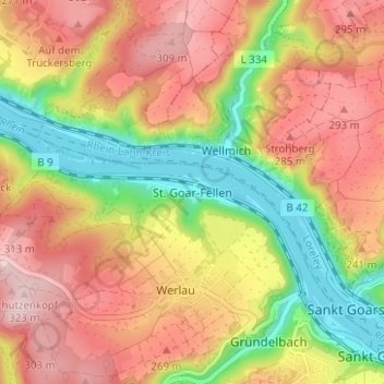 Mapa topográfico St. Goar-Fellen, altitud, relieve