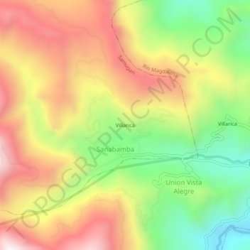 Mapa topográfico Villarica, altitud, relieve