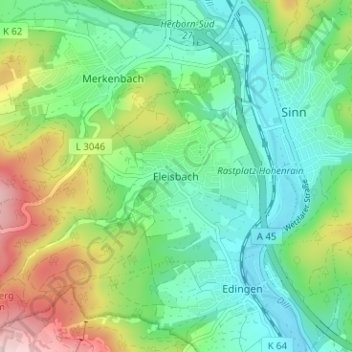 Mapa topográfico Fleisbach, altitud, relieve